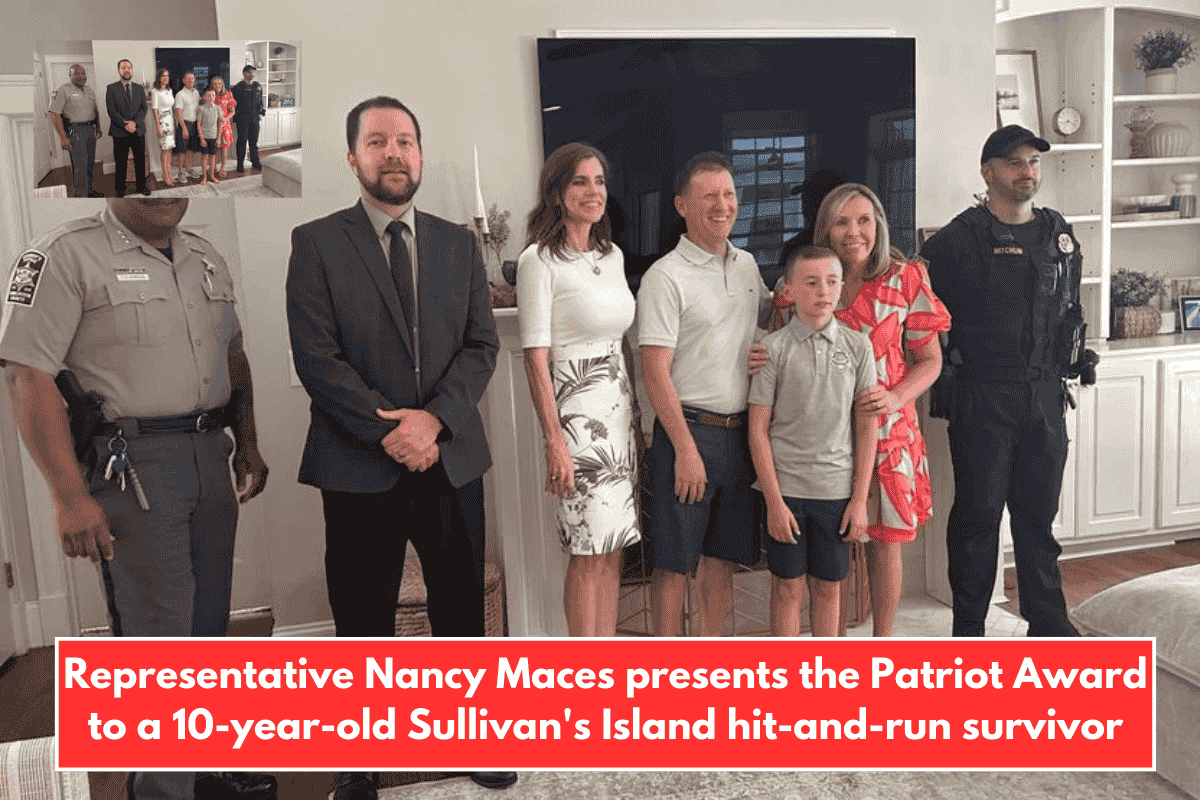 Representative Nancy Maces presents the Patriot Award to a 10-year-old Sullivan's Island hit-and-run survivor