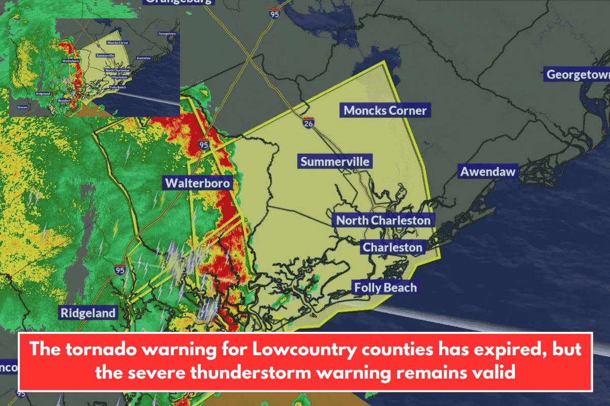 The tornado warning for Lowcountry counties has expired, but the severe thunderstorm warning remains valid
