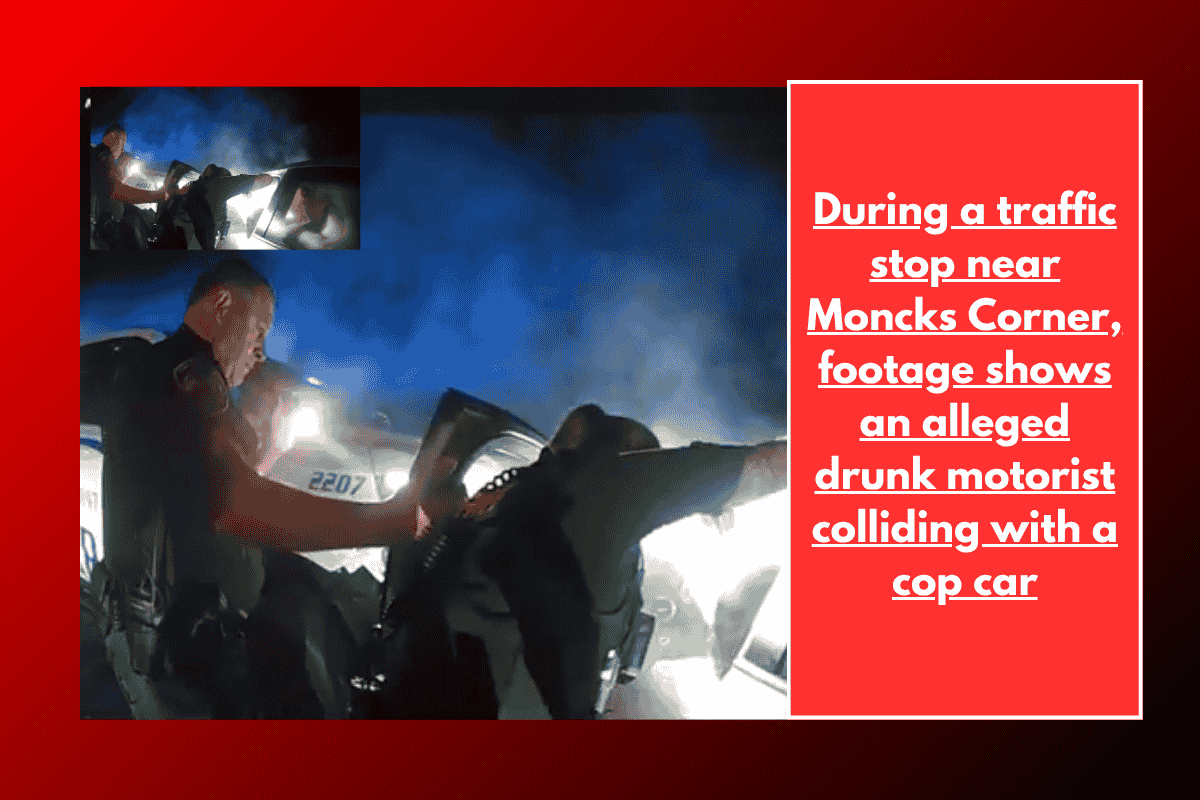 During a traffic stop near Moncks Corner, footage shows an alleged drunk motorist colliding with a cop car