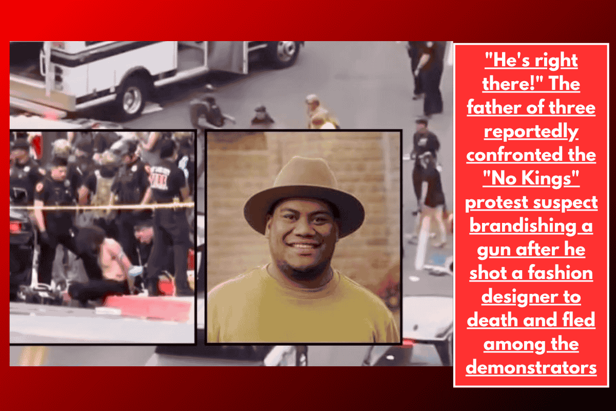 "He's right there!" The father of three reportedly confronted the "No Kings" protest suspect brandishing a gun after he shot a fashion designer to death and fled among the demonstrators