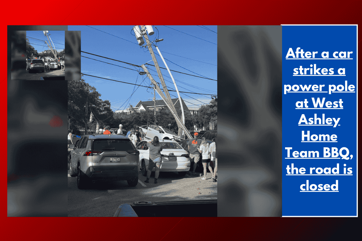 After a car strikes a power pole at West Ashley Home Team BBQ, the road is closed