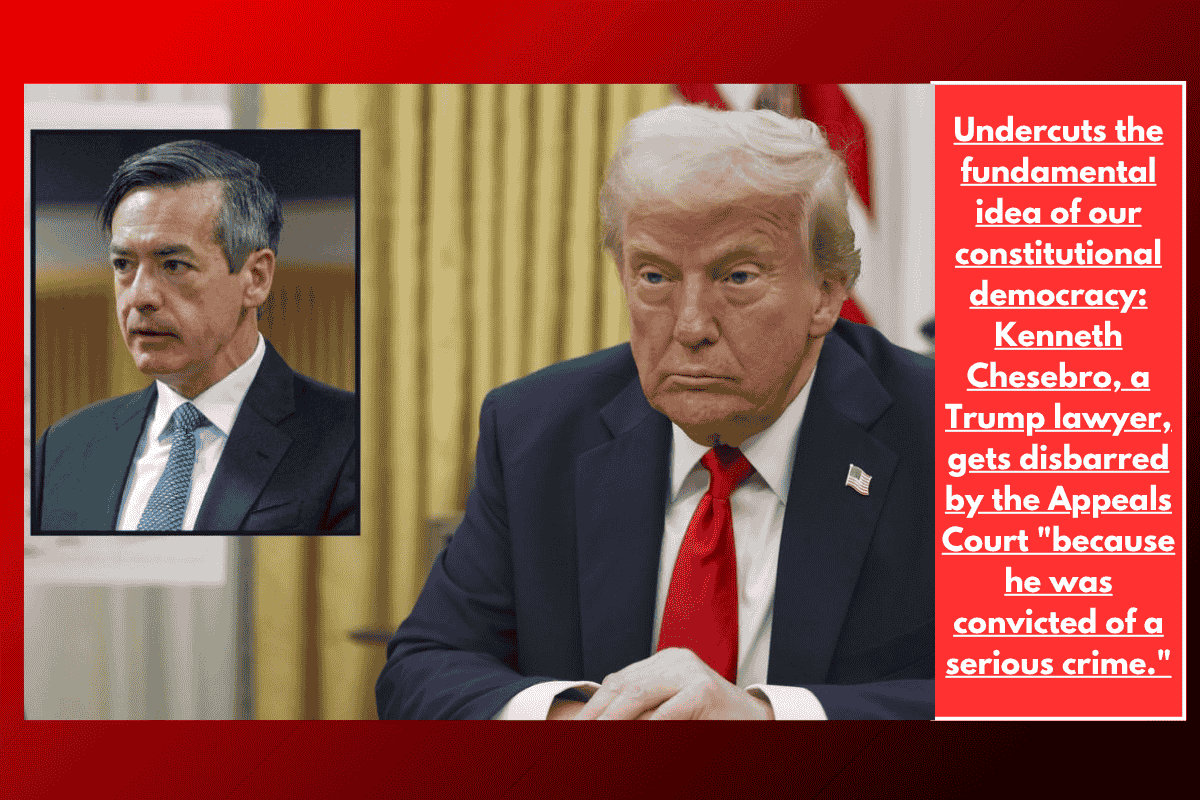 Undercuts the fundamental idea of our constitutional democracy: Kenneth Chesebro, a Trump lawyer, gets disbarred by the Appeals Court "because he was convicted of a serious crime."