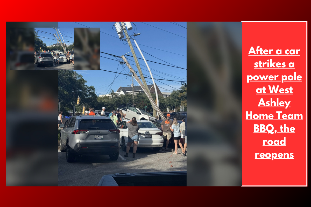 After a car strikes a power pole at West Ashley Home Team BBQ, the road reopens