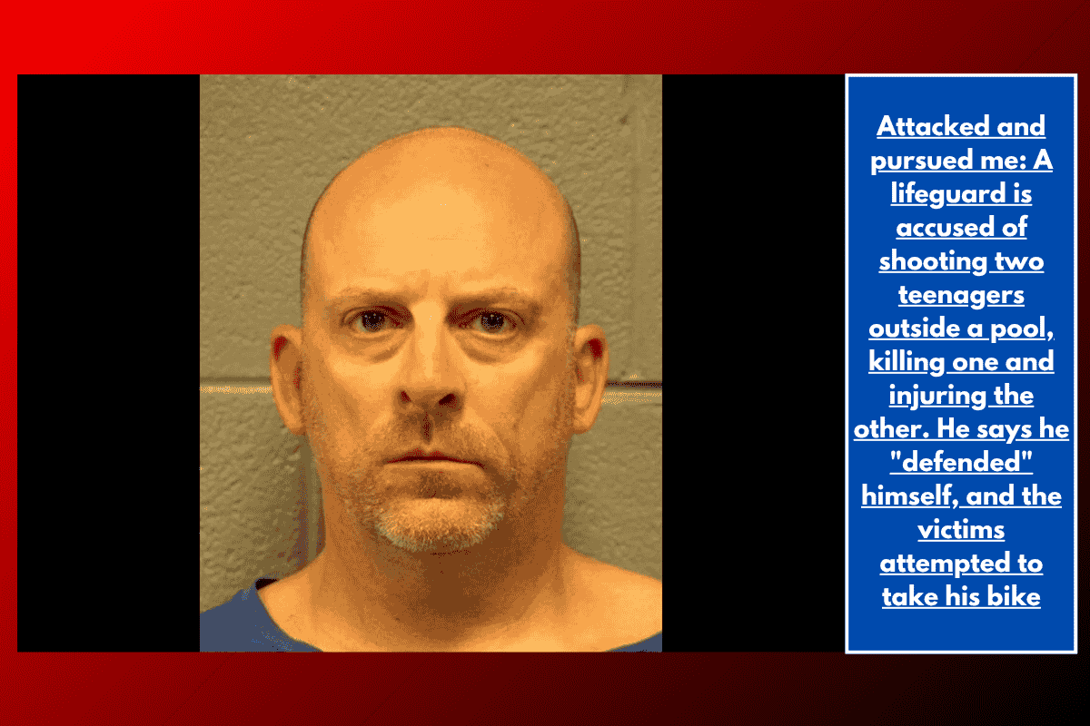 Attacked and pursued me: A lifeguard is accused of shooting two teenagers outside a pool, killing one and injuring the other. He says he "defended" himself, and the victims attempted to take his bike