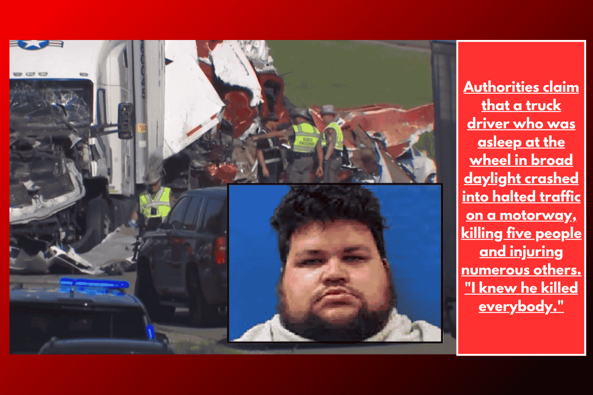 Authorities claim that a truck driver who was asleep at the wheel in broad daylight crashed into halted traffic on a motorway, killing five people and injuring numerous others. "I knew he killed everybody."
