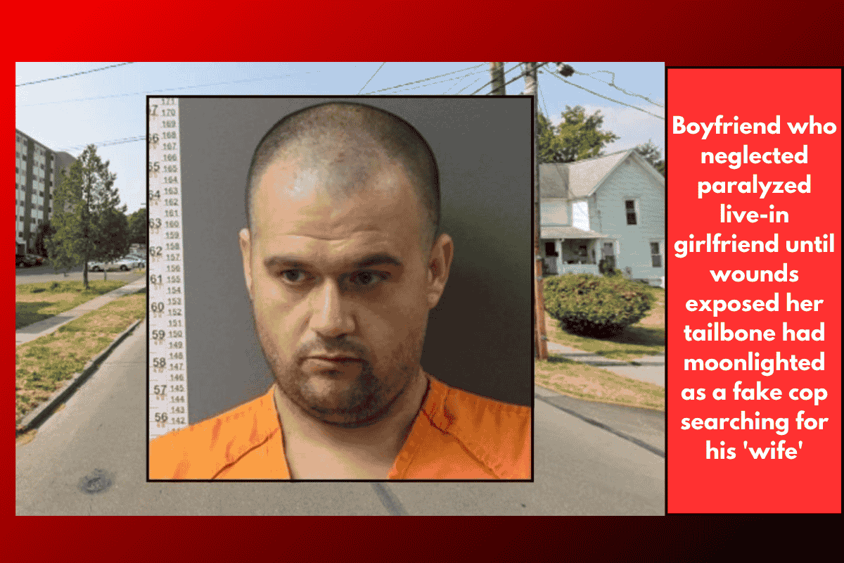 Boyfriend who neglected paralyzed live-in girlfriend until wounds exposed her tailbone had moonlighted as a fake cop searching for his 'wife'