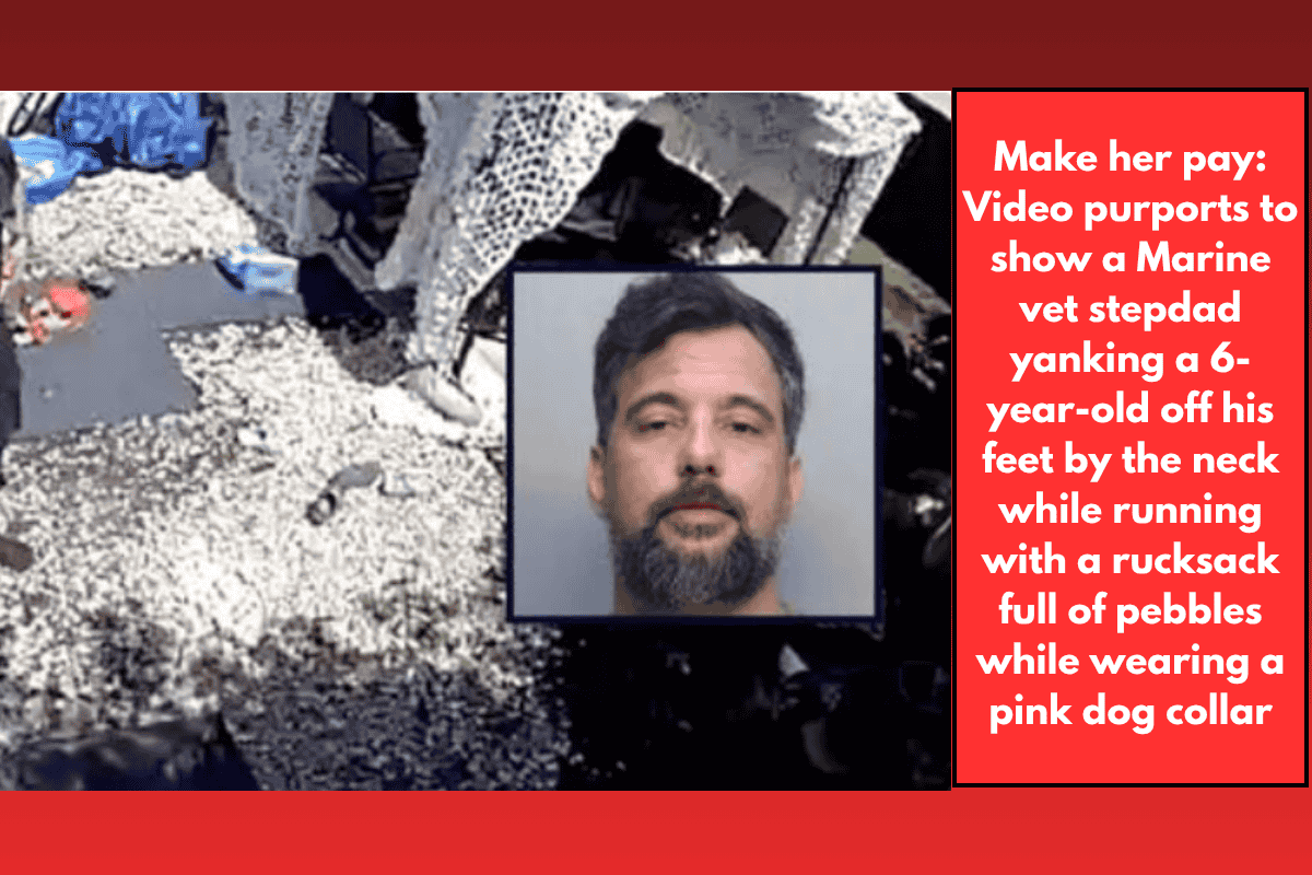 Make her pay: Video purports to show a Marine vet stepdad yanking a 6-year-old off his feet by the neck while running with a rucksack full of pebbles while wearing a pink dog collar