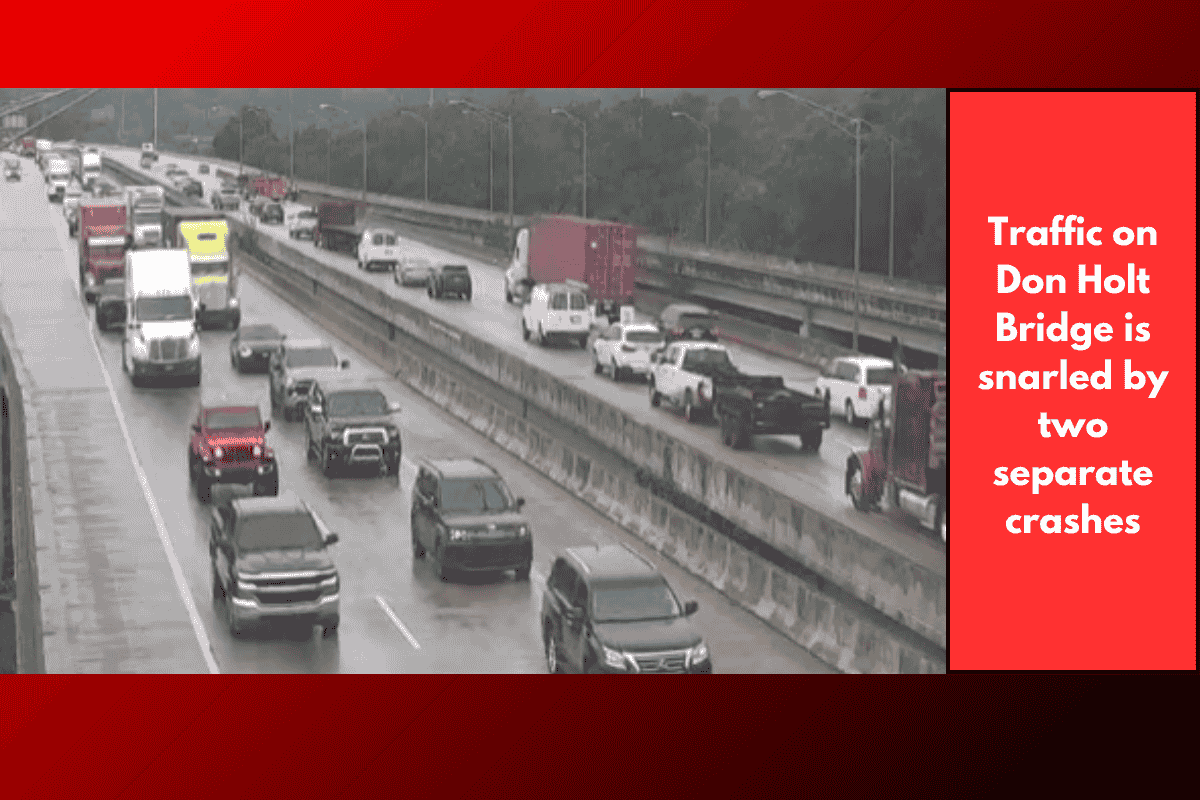 Traffic on Don Holt Bridge is snarled by two separate crashes