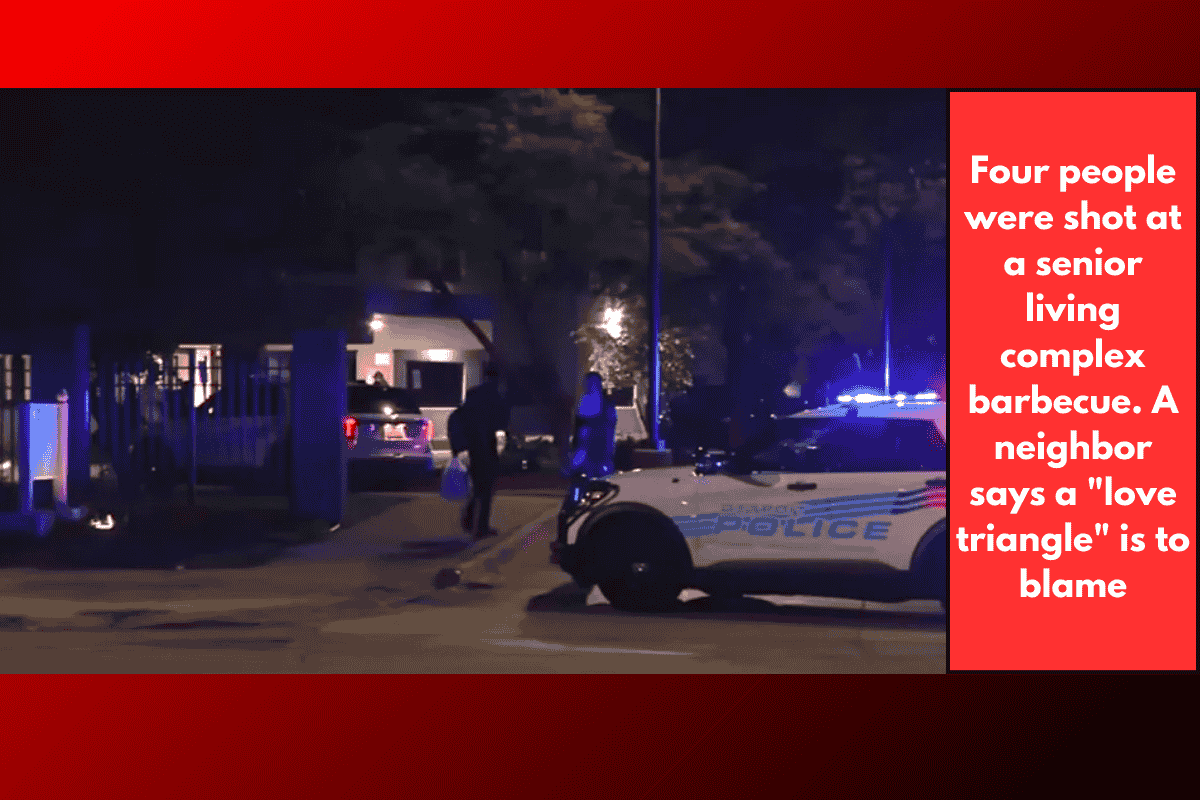 Four people were shot at a senior living complex barbecue. A neighbor says a "love triangle" is to blame