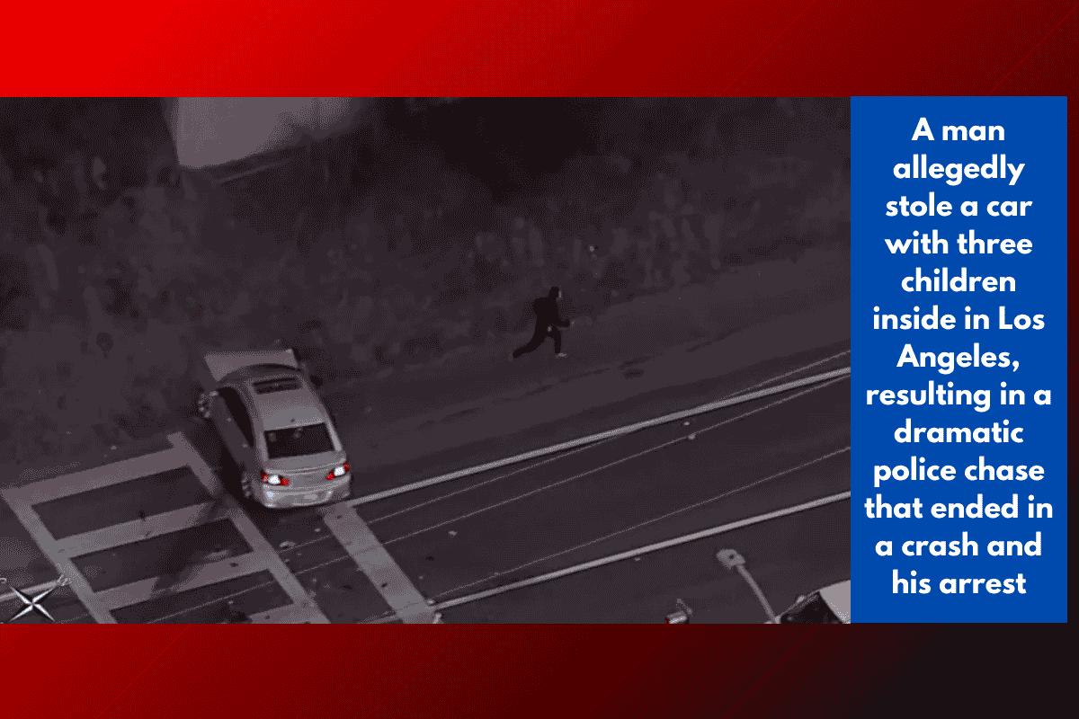 A man allegedly stole a car with three children inside in Los Angeles, resulting in a dramatic police chase that ended in a crash and his arrest