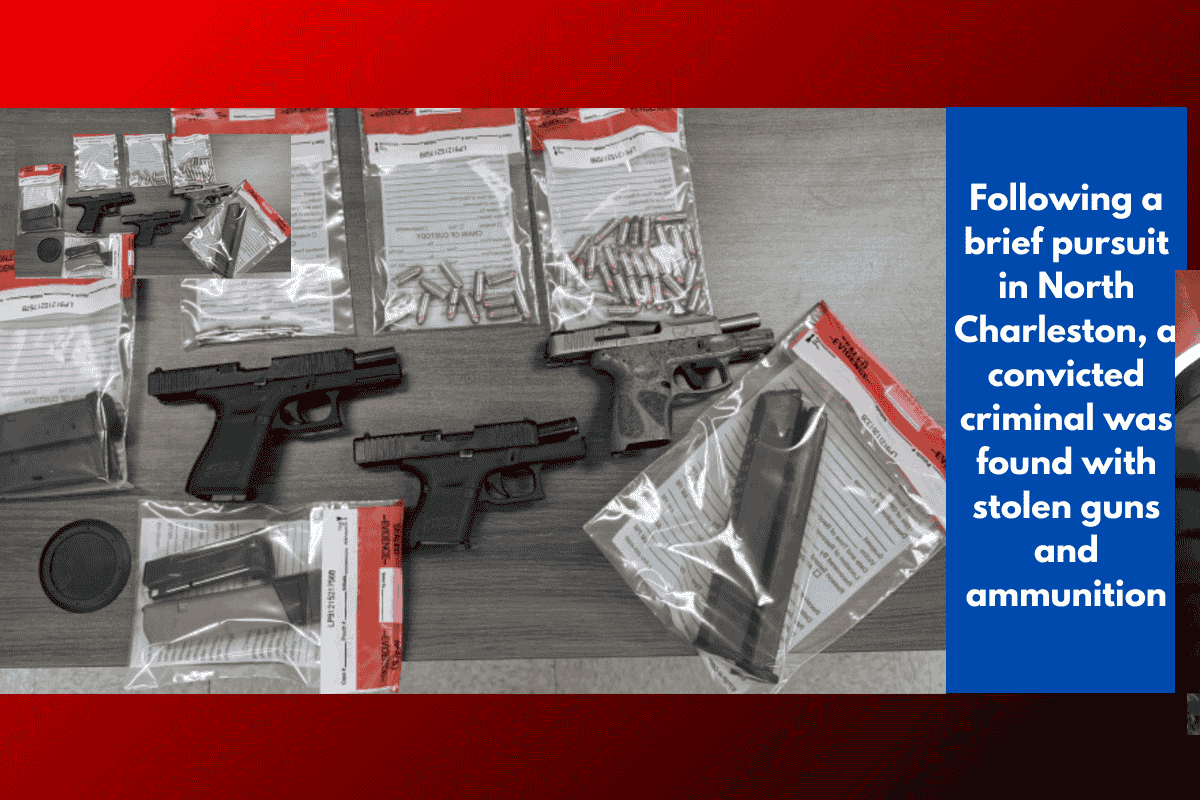 Following a brief pursuit in North Charleston, a convicted criminal was found with stolen guns and ammunition