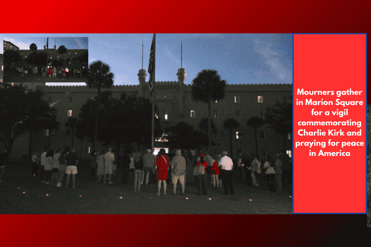 Mourners gather in Marion Square for a vigil commemorating Charlie Kirk and praying for peace in America