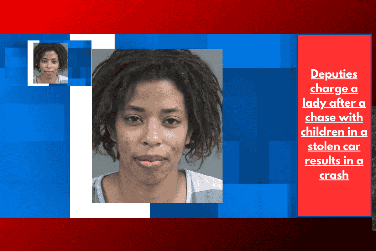 Deputies charge a lady after a chase with children in a stolen car results in a crash