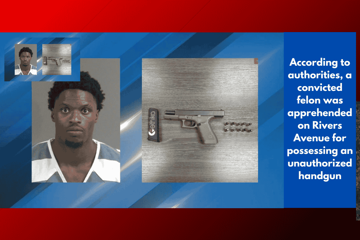 According to authorities, a convicted felon was apprehended on Rivers Avenue for possessing an unauthorized handgun