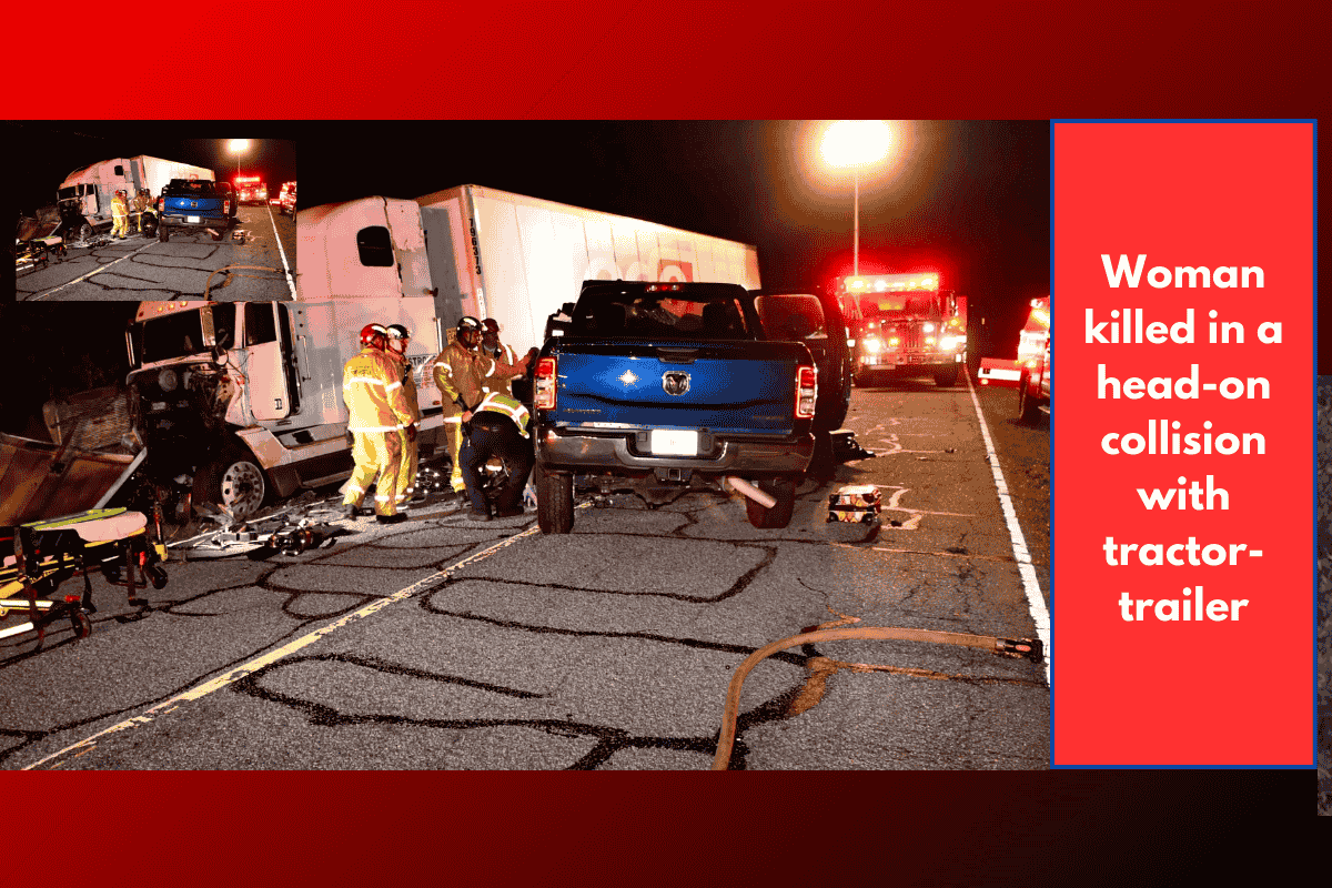Woman killed in a head-on collision with tractor-trailer