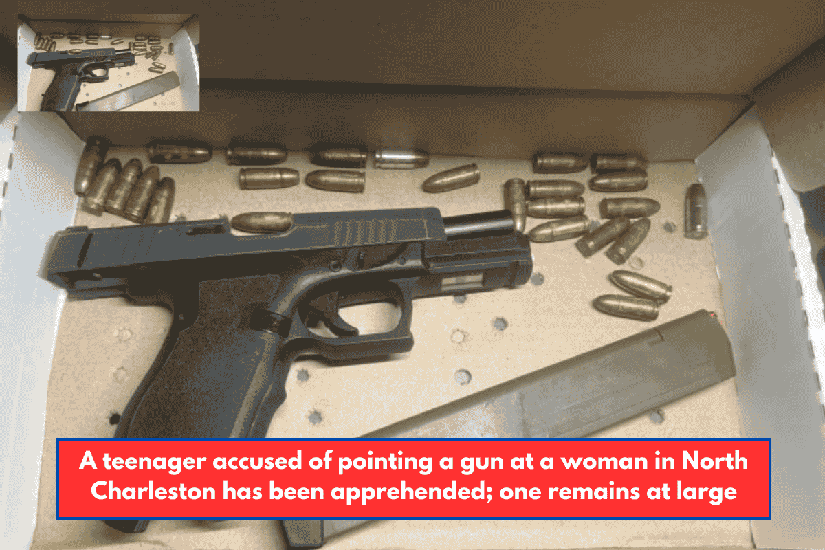 A teenager accused of pointing a gun at a woman in North Charleston has been apprehended; one remains at large