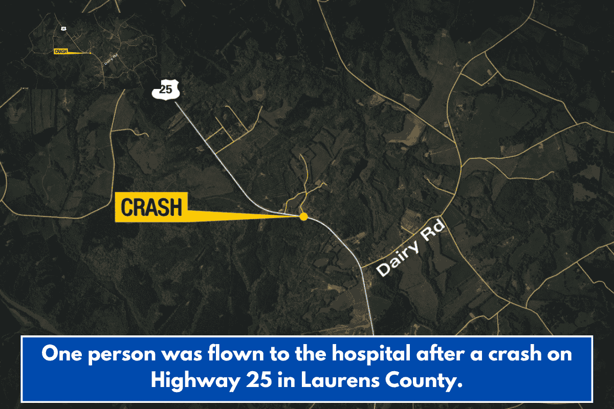 One person was flown to the hospital after a crash on Highway 25 in Laurens County.