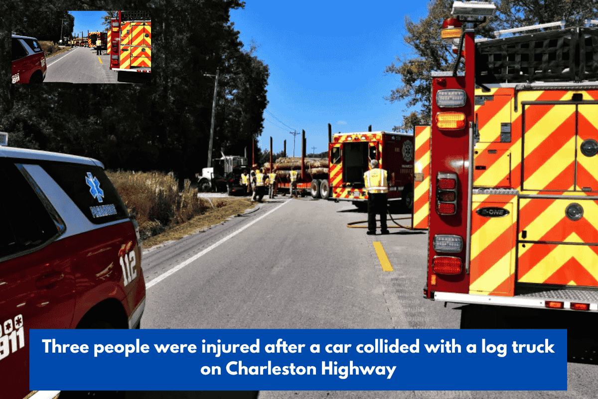 Three people were injured after a car collided with a log truck on Charleston Highway