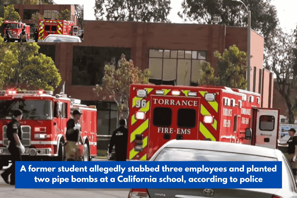 A former student allegedly stabbed three employees and planted two pipe bombs at a California school, according to police
