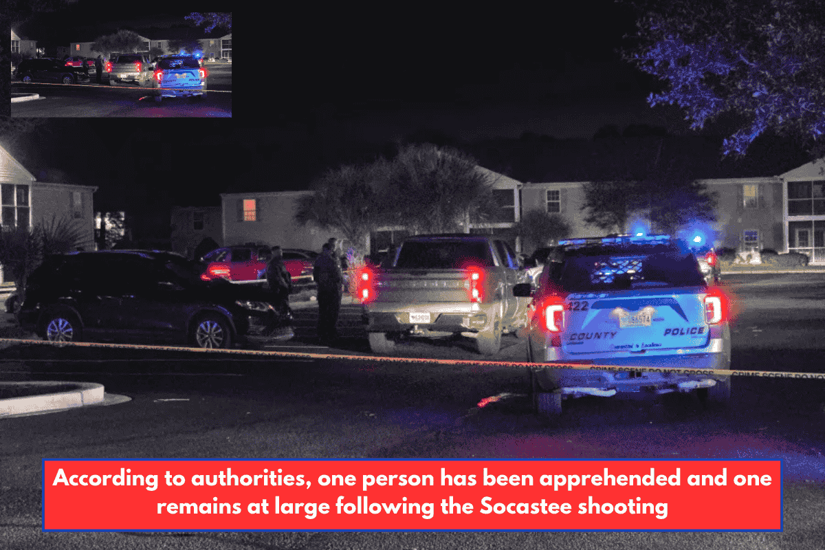 According to authorities, one person has been apprehended and one remains at large following the Socastee shooting