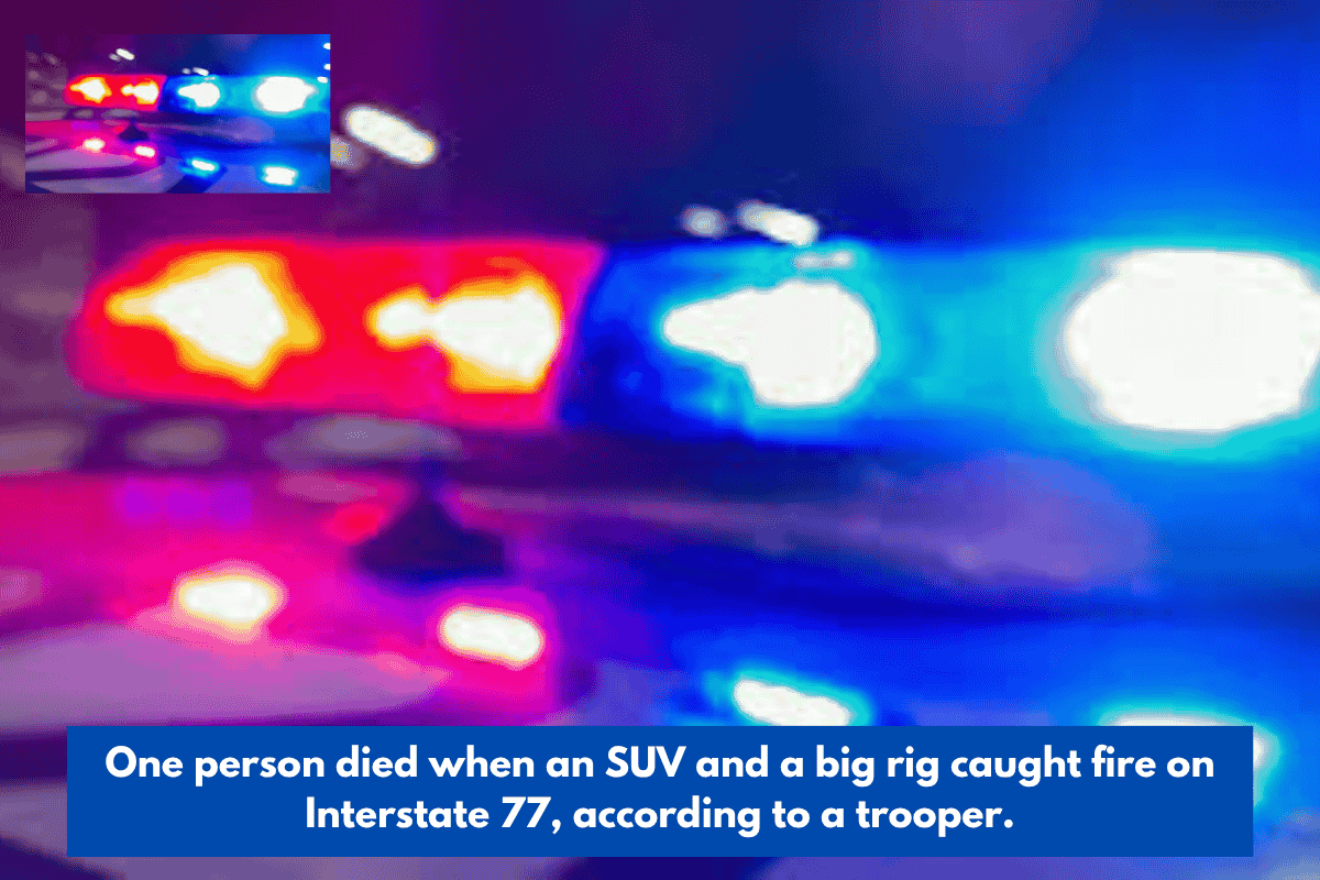 One person died when an SUV and a big rig caught fire on Interstate 77, according to a trooper.