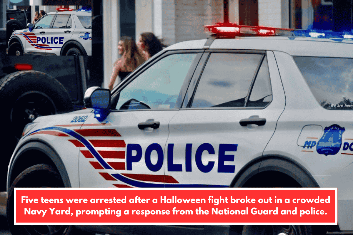 Five teens were arrested after a Halloween fight broke out in a crowded Navy Yard, prompting a response from the National Guard and police.