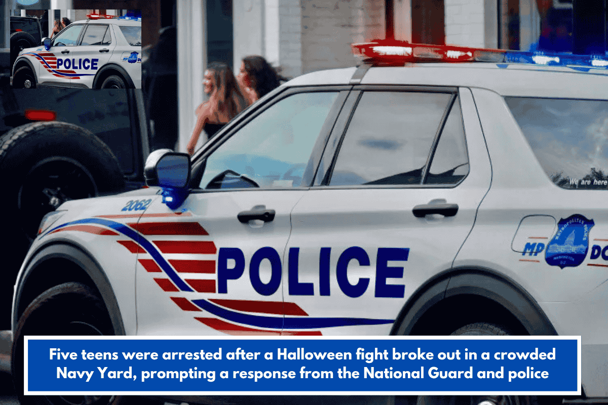 Five teens were arrested after a Halloween fight broke out in a crowded Navy Yard, prompting a response from the National Guard and police
