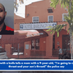 A man with a knife tells a mom with a 9-year-old, "I'm going to cut your throat and your son's throat!" the police say