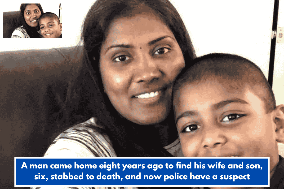 A man came home eight years ago to find his wife and son, six, stabbed to death, and now police have a suspect