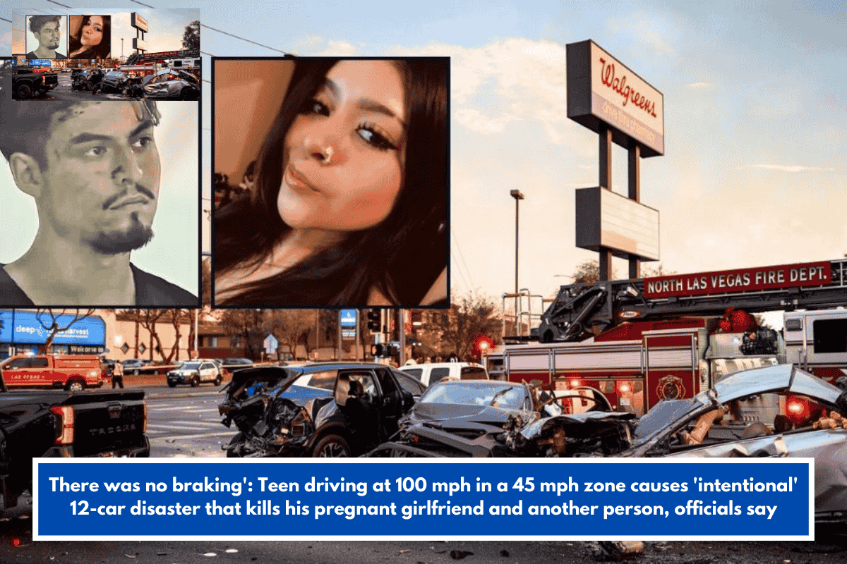 There was no braking': Teen driving at 100 mph in a 45 mph zone causes 'intentional' 12-car disaster that kills his pregnant girlfriend and another person, officials say