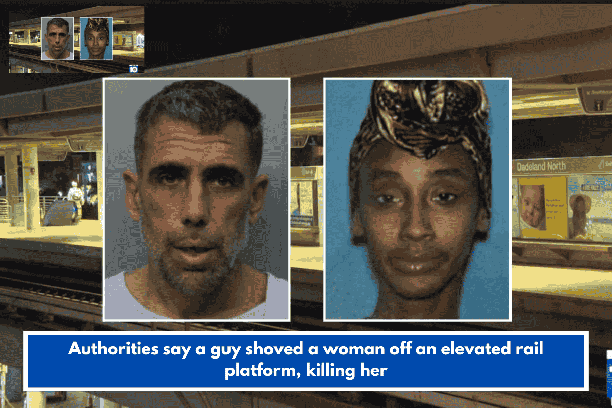 Authorities say a guy shoved a woman off an elevated rail platform, killing her