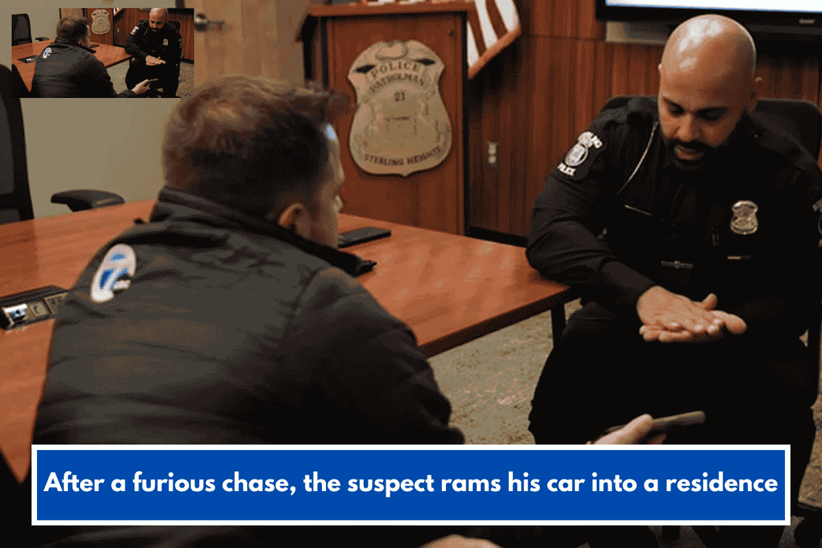 After a furious chase, the suspect rams his car into a residence