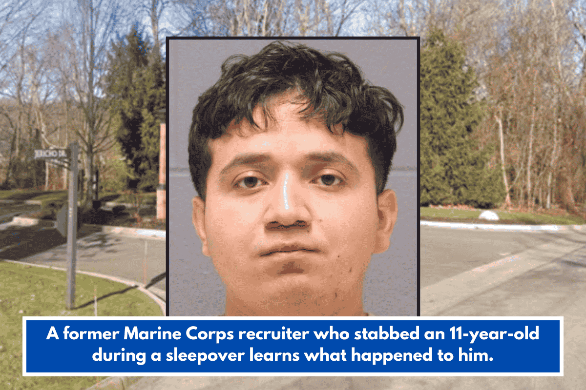 A former Marine Corps recruiter who stabbed an 11-year-old during a sleepover learns what happened to him.