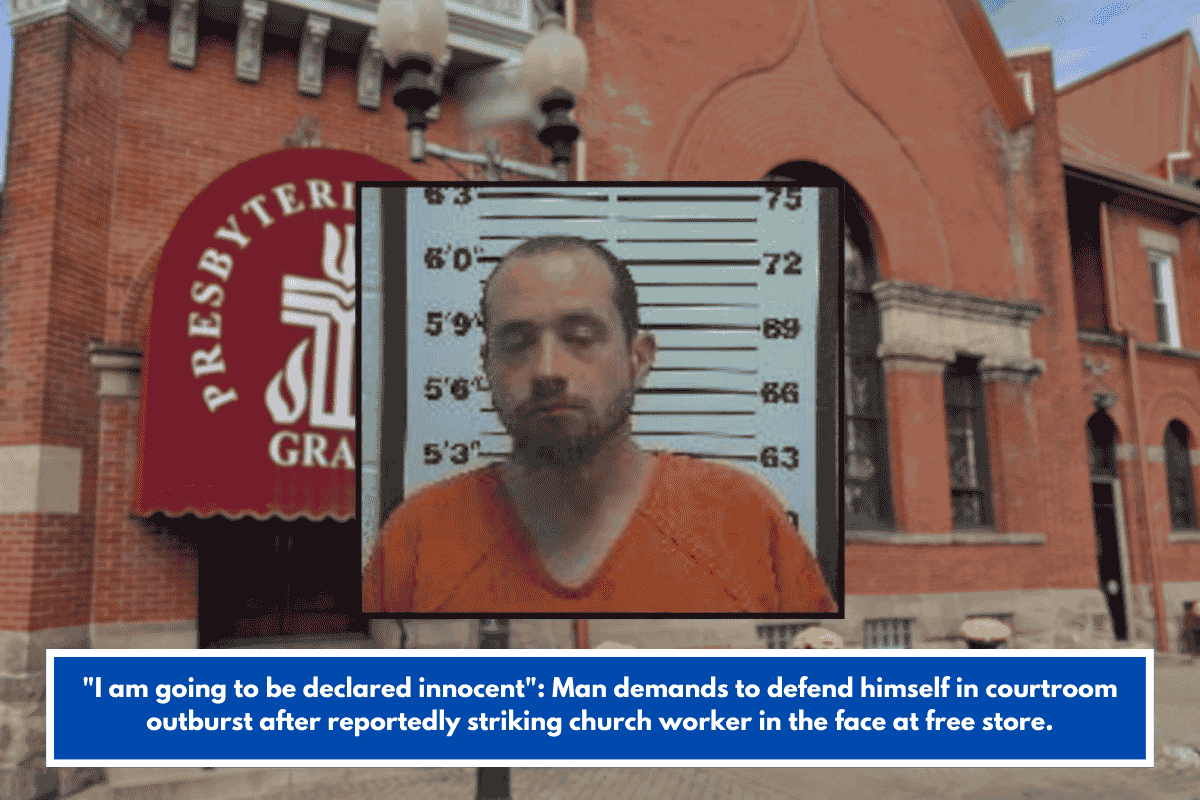 "I am going to be declared innocent": Man demands to defend himself in courtroom outburst after reportedly striking church worker in the face at free store.