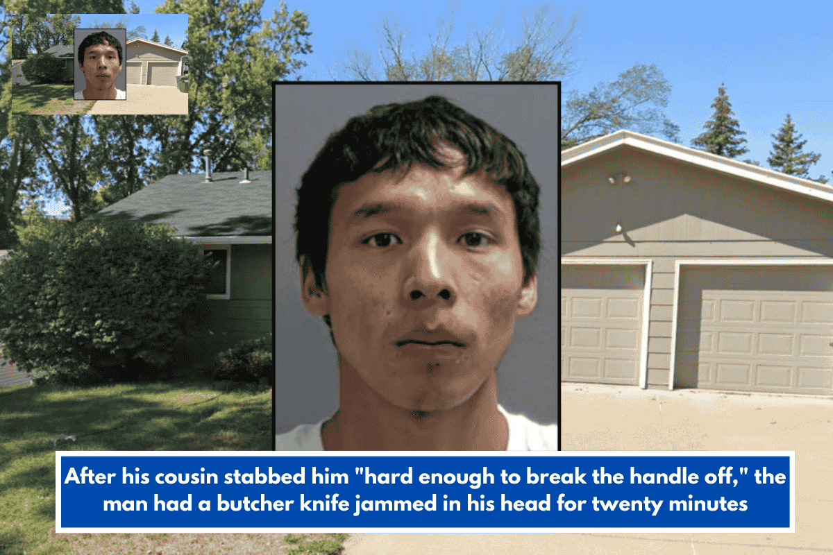 After his cousin stabbed him "hard enough to break the handle off," the man had a butcher knife jammed in his head for twenty minutes