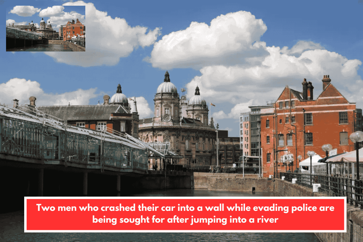 Two men who crashed their car into a wall while evading police are being sought for after jumping into a river