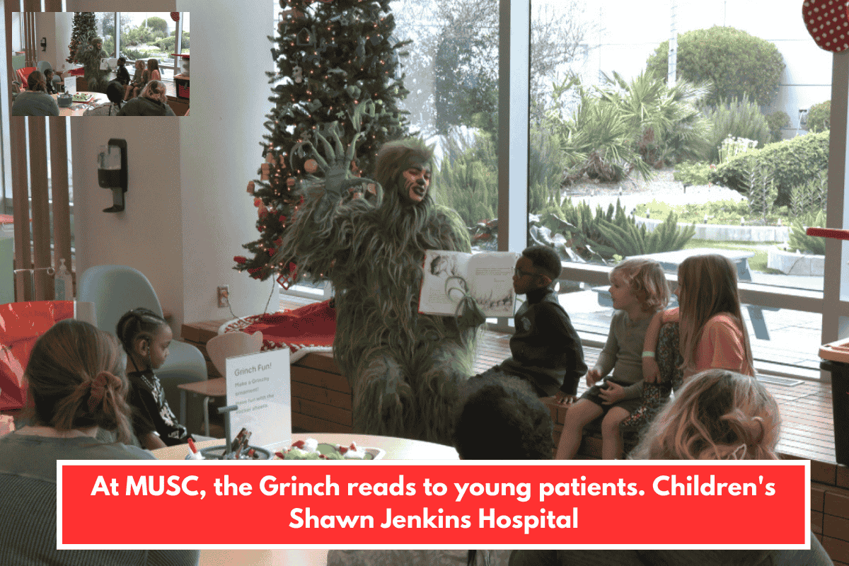 At MUSC, the Grinch reads to young patients. Children's Shawn Jenkins Hospital