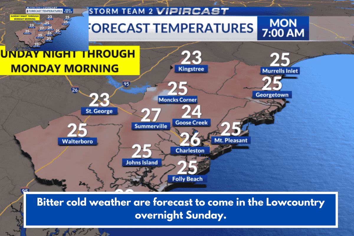 Bitter cold weather are forecast to come in the Lowcountry overnight Sunday.
