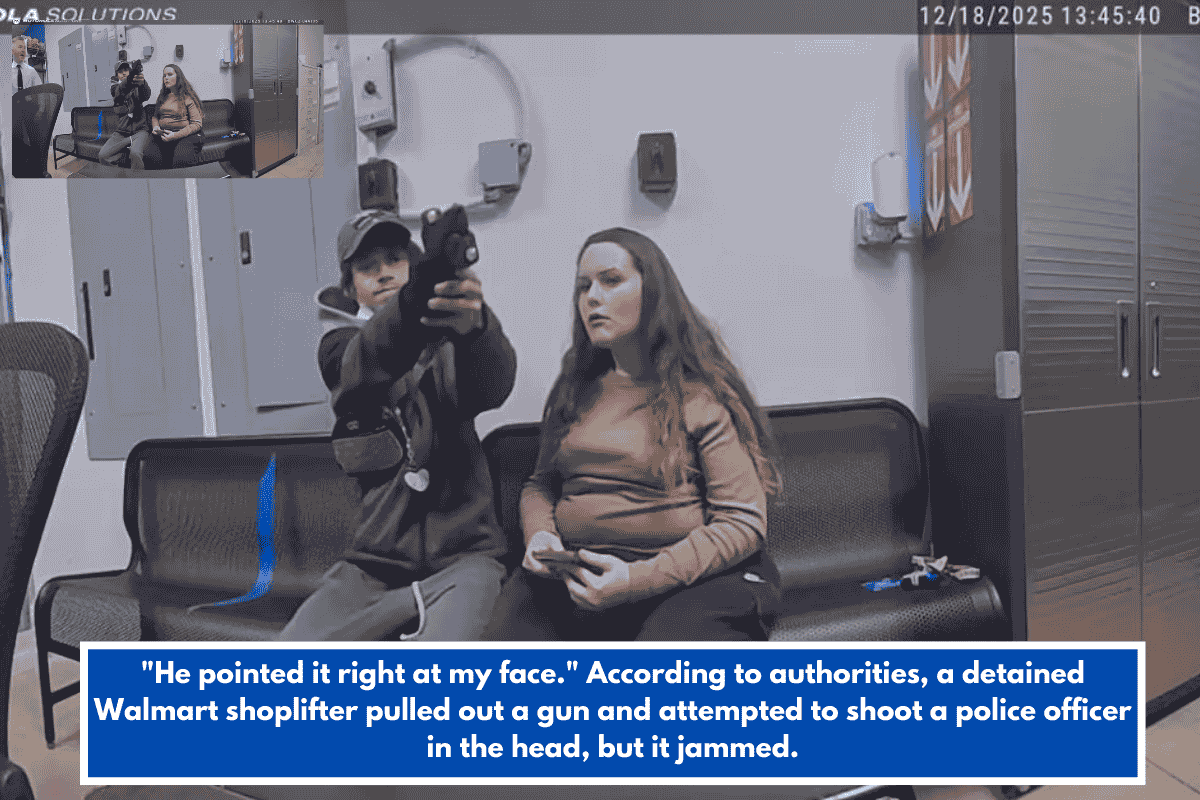 "He pointed it right at my face." According to authorities, a detained Walmart shoplifter pulled out a gun and attempted to shoot a police officer in the head, but it jammed.