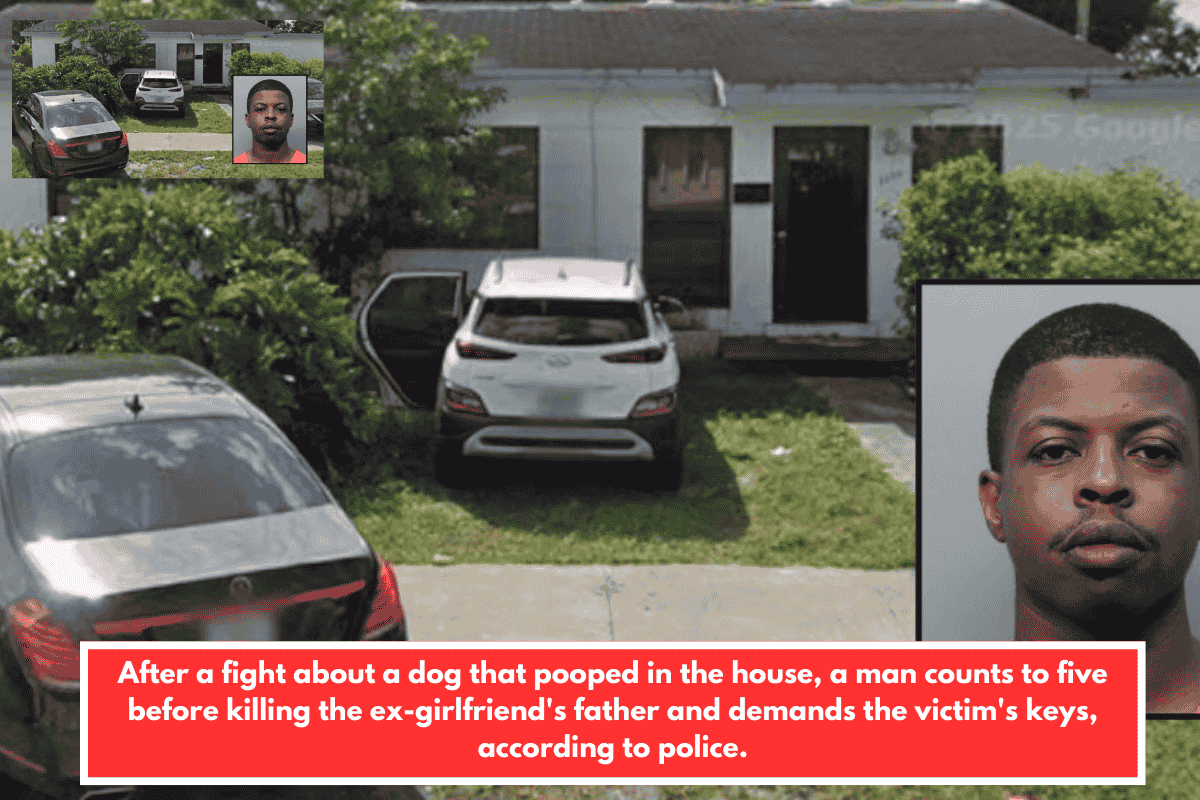 After a fight about a dog that pooped in the house, a man counts to five before killing the ex-girlfriend's father and demands the victim's keys, according to police.