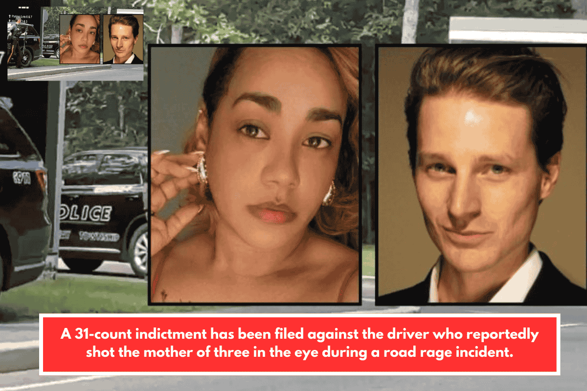 A 31-count indictment has been filed against the driver who reportedly shot the mother of three in the eye during a road rage incident.