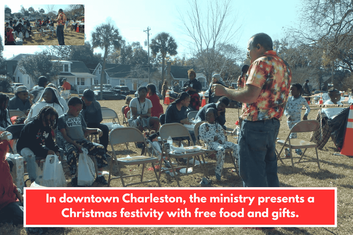 In downtown Charleston, the ministry presents a Christmas festivity with free food and gifts.