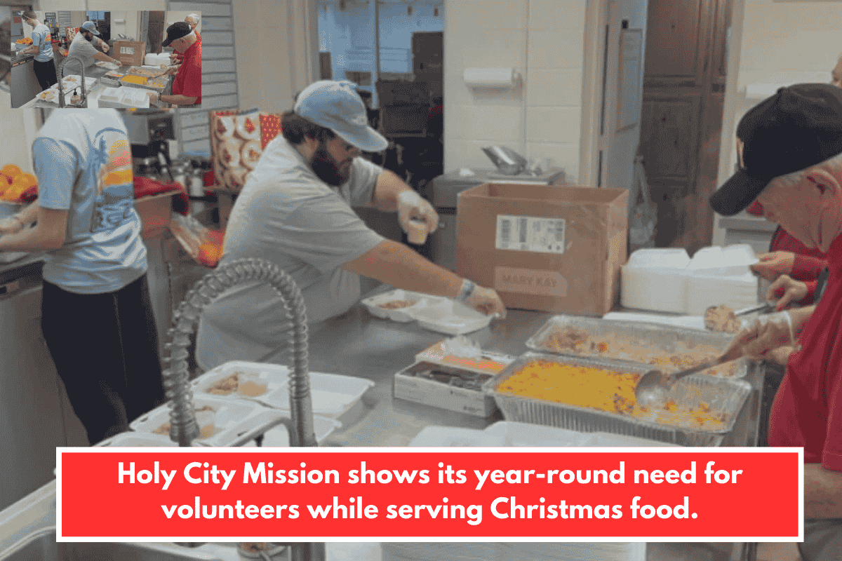 Holy City Mission shows its year-round need for volunteers while serving Christmas food.