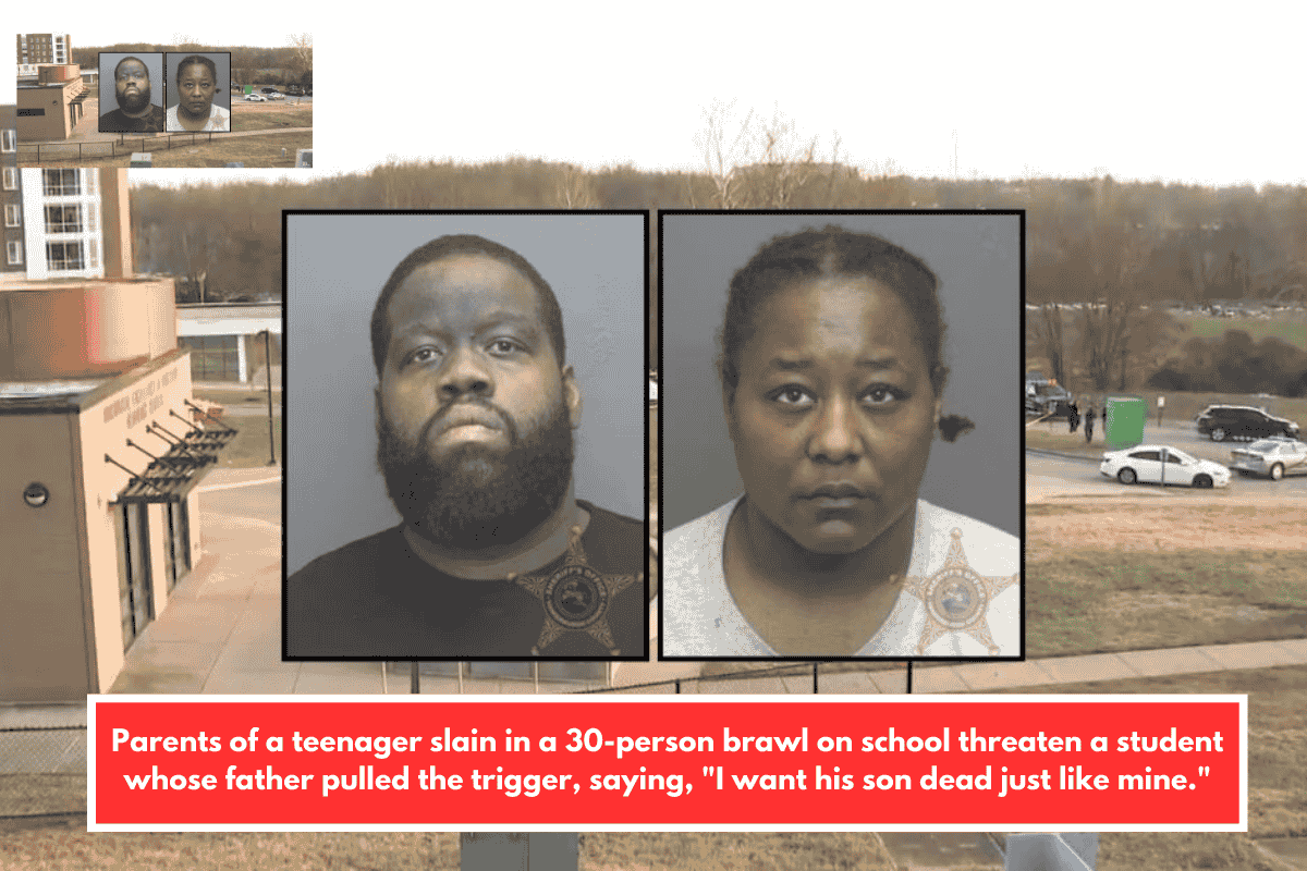 Parents of a teenager slain in a 30-person brawl on school threaten a student whose father pulled the trigger, saying, "I want his son dead just like mine."