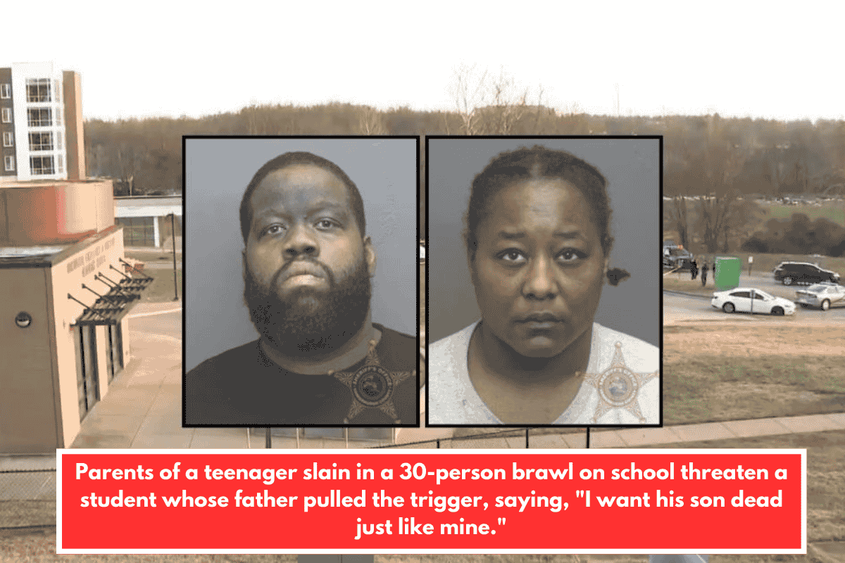 Parents of a teenager slain in a 30-person brawl on school threaten a student whose father pulled the trigger, saying, "I want his son dead just like mine."