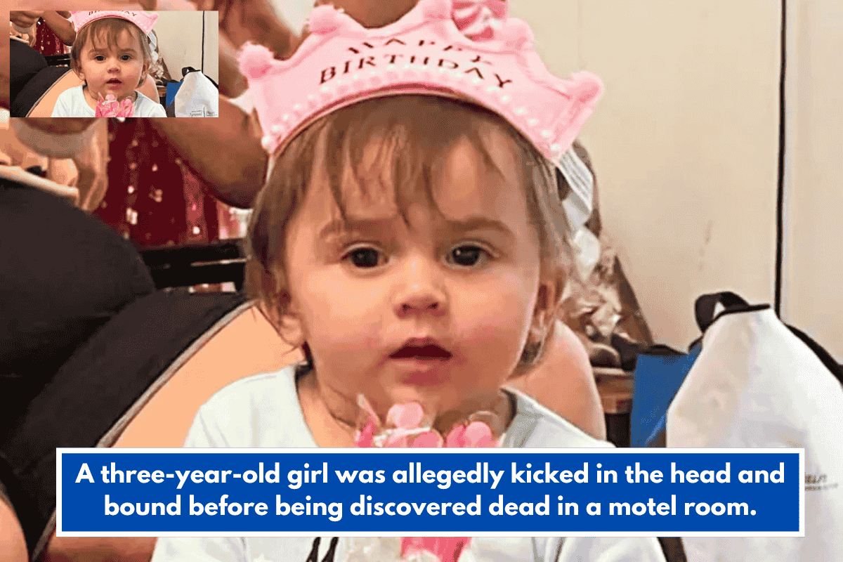 A three-year-old girl was allegedly kicked in the head and bound before being discovered dead in a motel room.