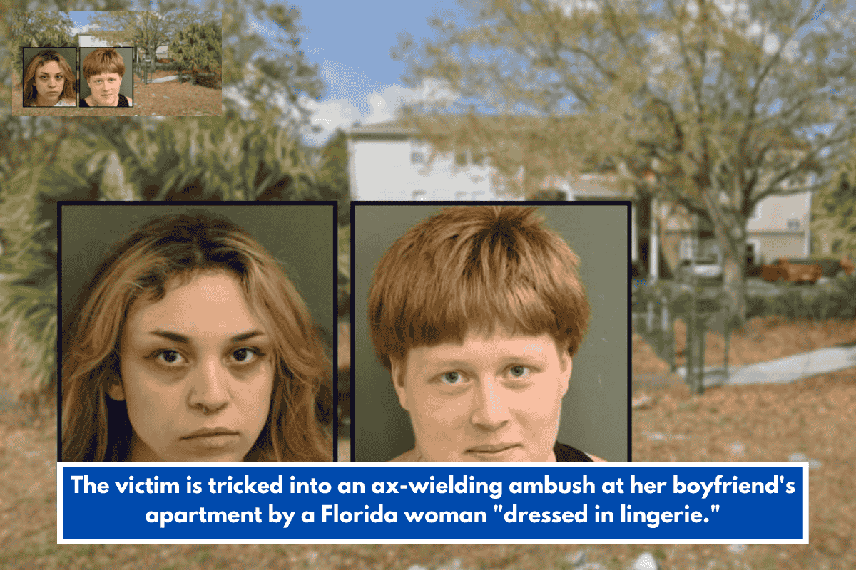 The victim is tricked into an ax-wielding ambush at her boyfriend's apartment by a Florida woman "dressed in lingerie."