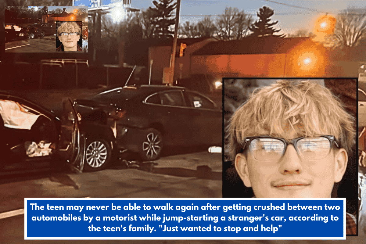 The teen may never be able to walk again after getting crushed between two automobiles by a motorist while jump-starting a stranger's car, according to the teen's family. "Just wanted to stop and help"