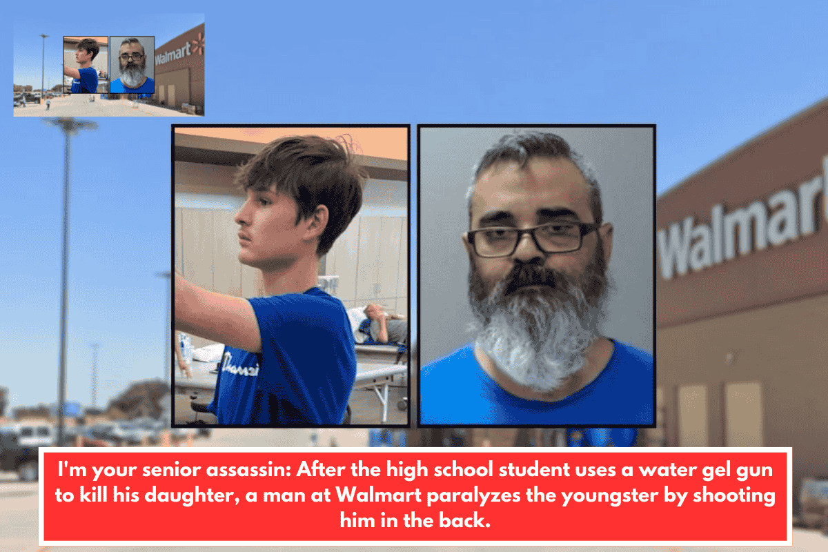 I'm your senior assassin: After the high school student uses a water gel gun to kill his daughter, a man at Walmart paralyzes the youngster by shooting him in the back.