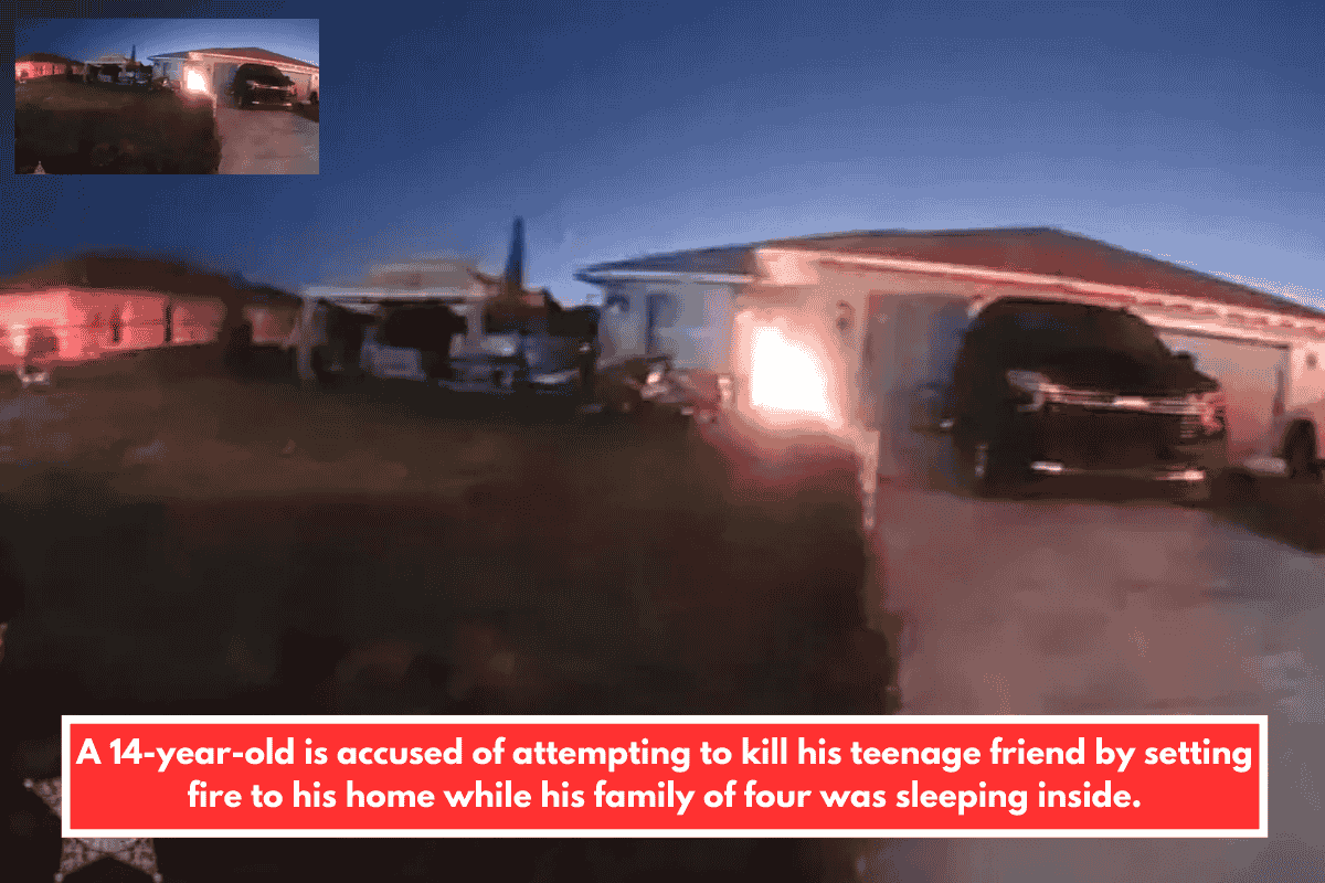 A 14-year-old is accused of attempting to kill his teenage friend by setting fire to his home while his family of four was sleeping inside.